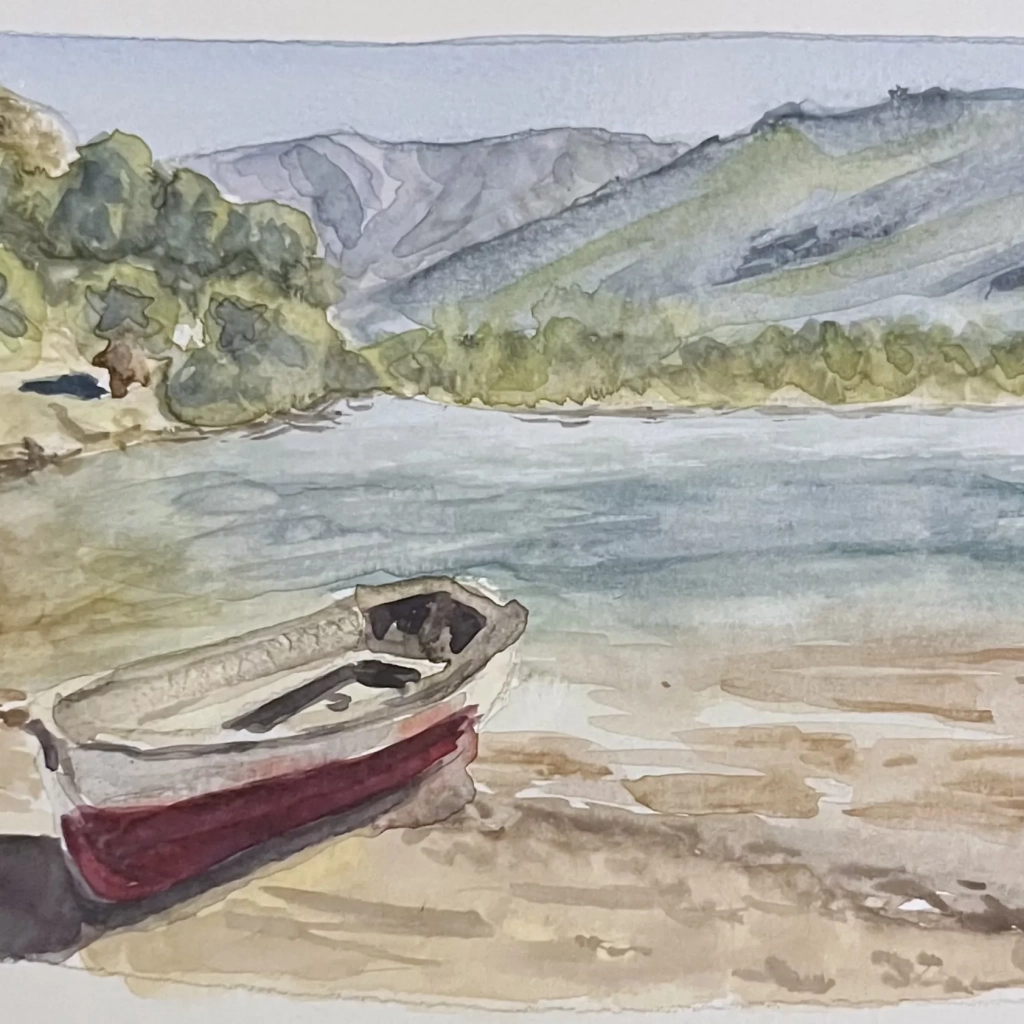 watercolor landscape painting of a boat in a lake