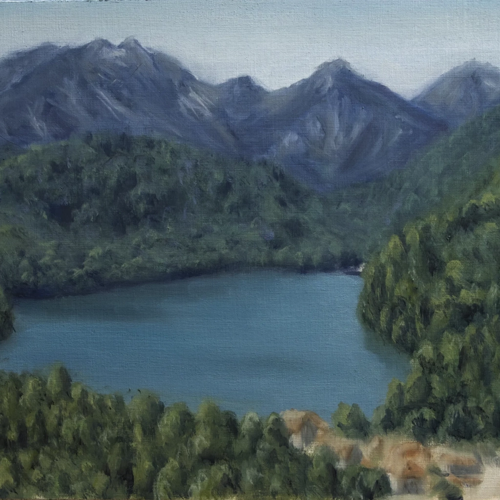 Oilpainting of mountains and lake