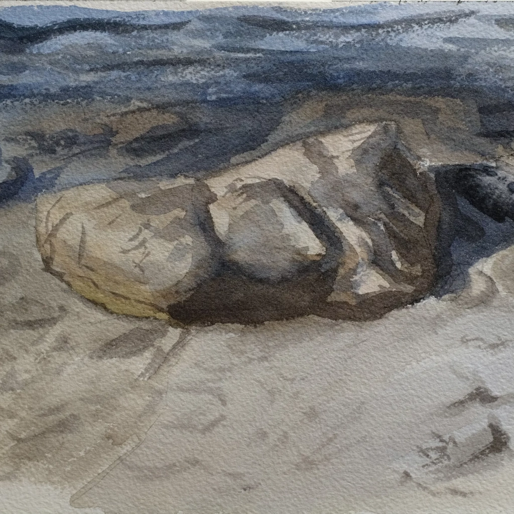 Watercolor painting of some rocks at lake eibsee in Germany