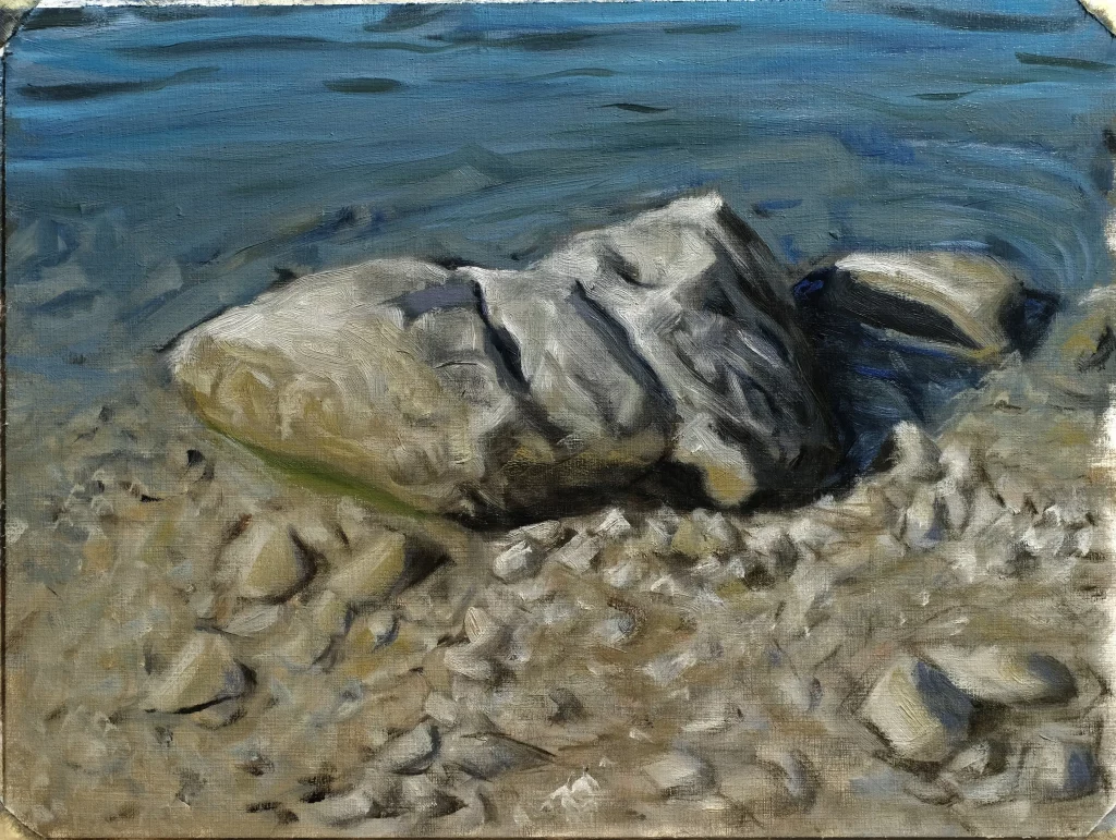 Oilpainting study of two rocks in lake eibsee