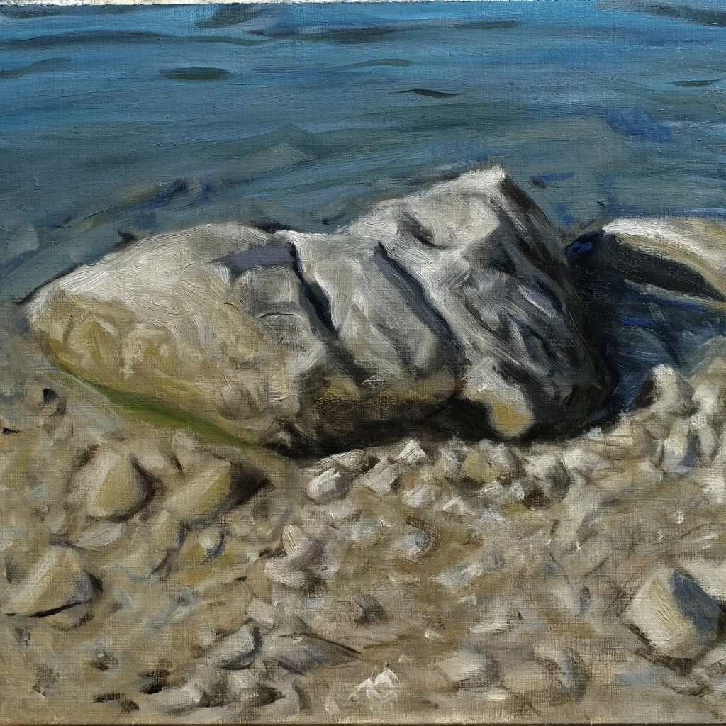 Oilpainting study of two rocks in lake eibsee