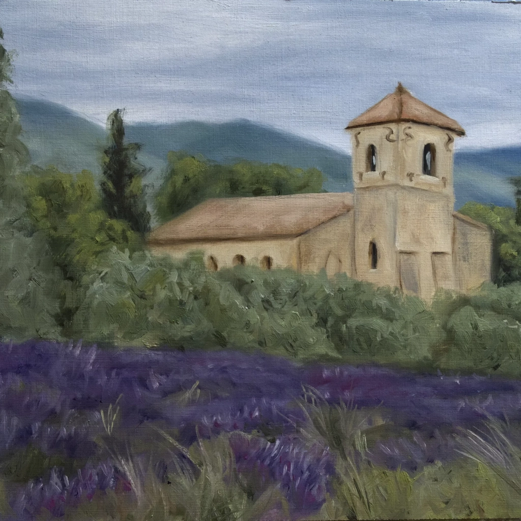 Oilpainting landscape of a church on a lavender field