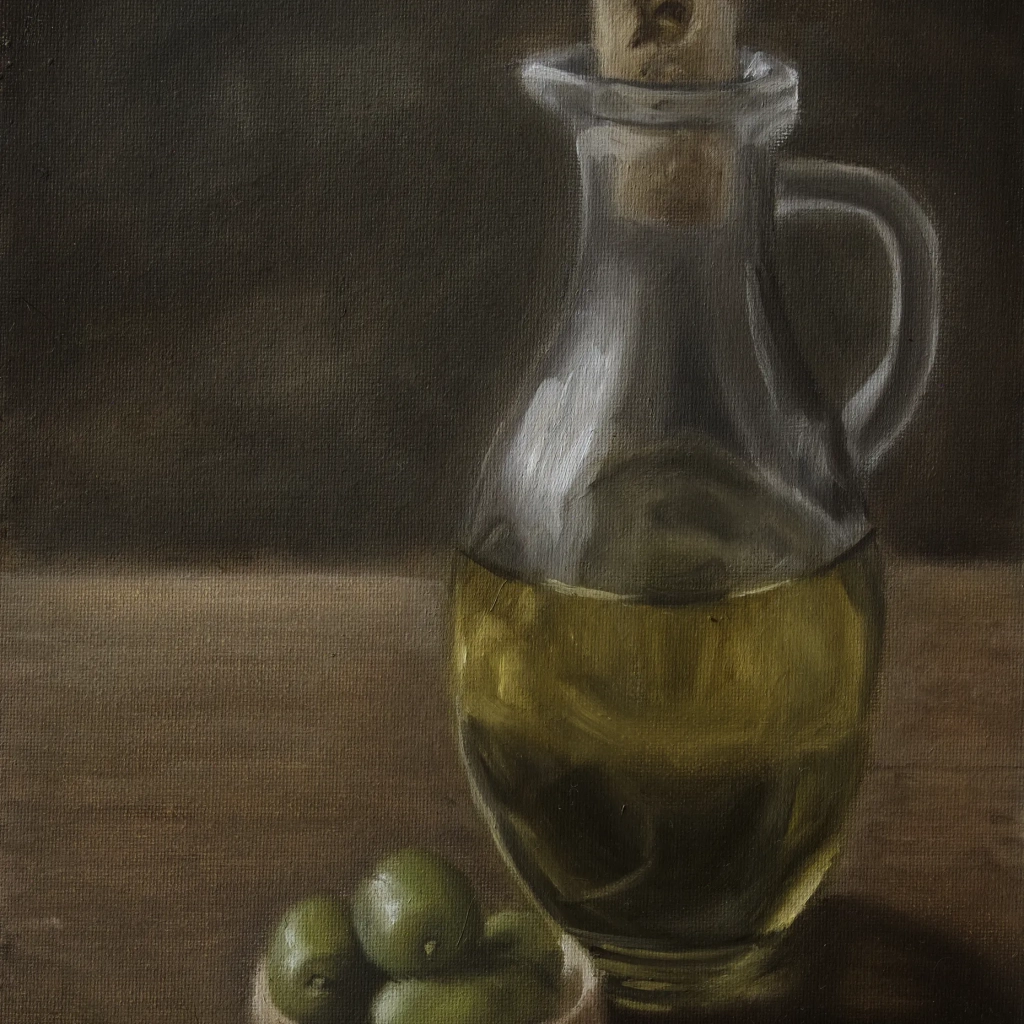 Oilpainting still life study of olive oil with olives