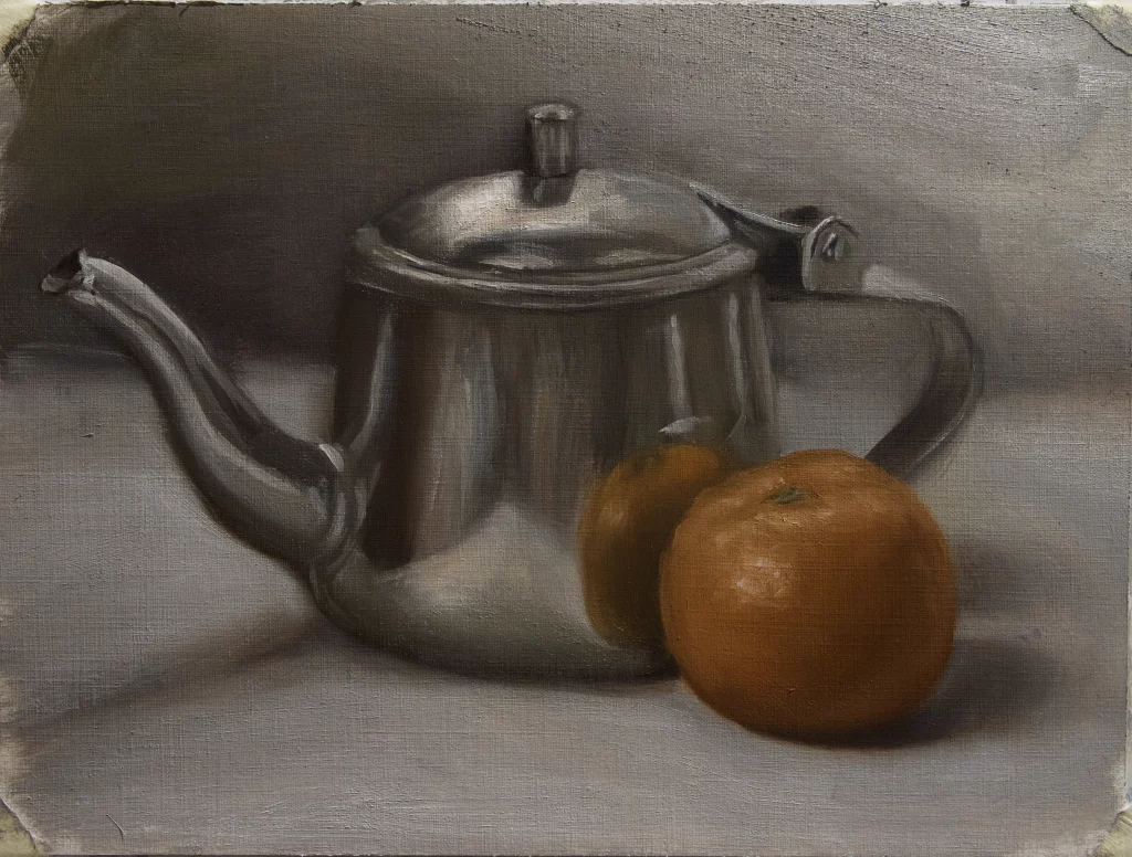 Oilpainting still life of a tea pot and an orange