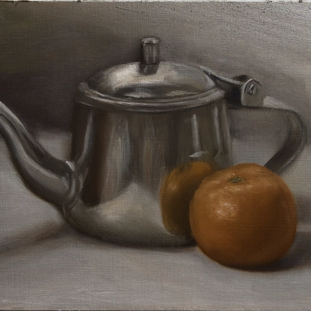 Oilpainting still life of a tea pot and an orange