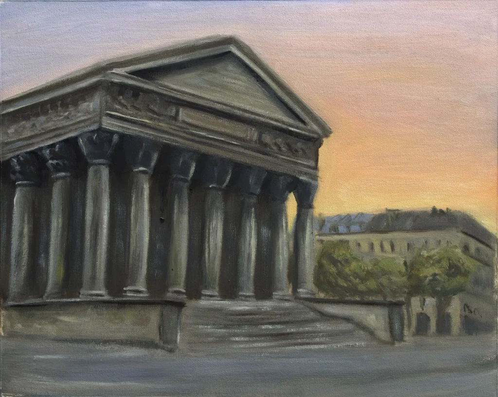 Oilpainting of a Parisian building in sunset