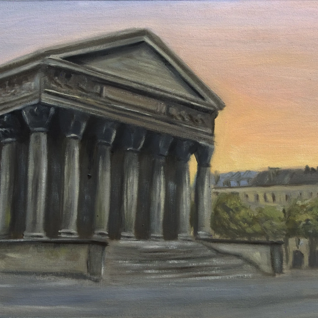 Oilpainting of a Parisian building in sunset