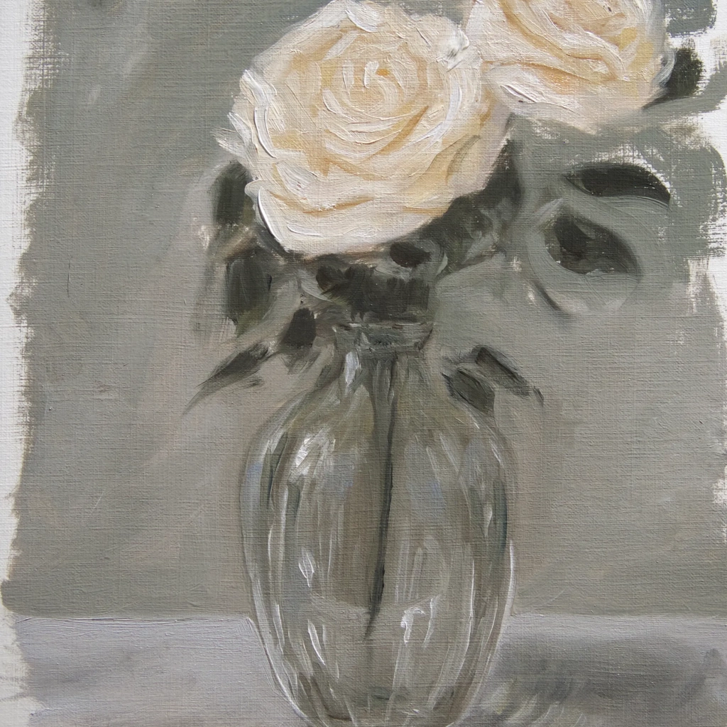 Still life oil painting of two white roses in a glass pot
