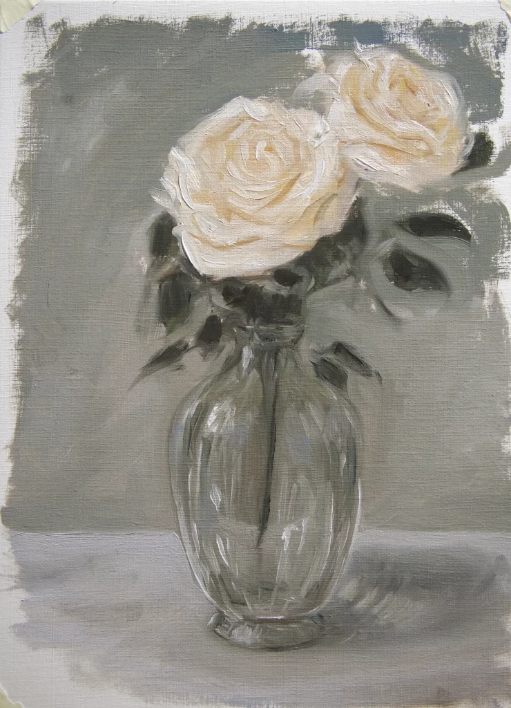 Still life oil painting of two white roses in a glass pot