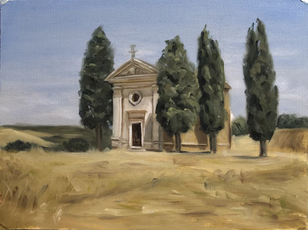 Oilpainting landscape of a church in Toscana Italy