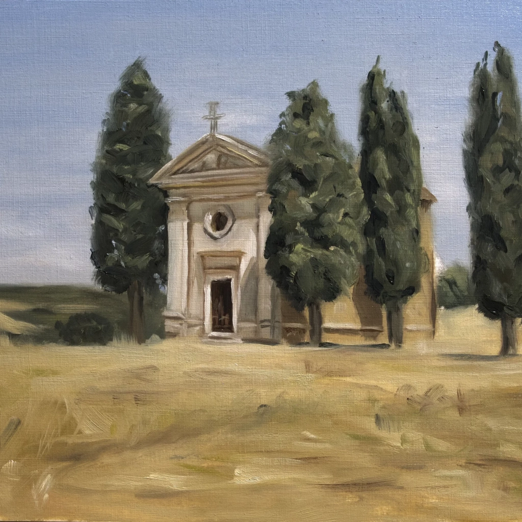 Oilpainting landscape of a church in Toscana Italy