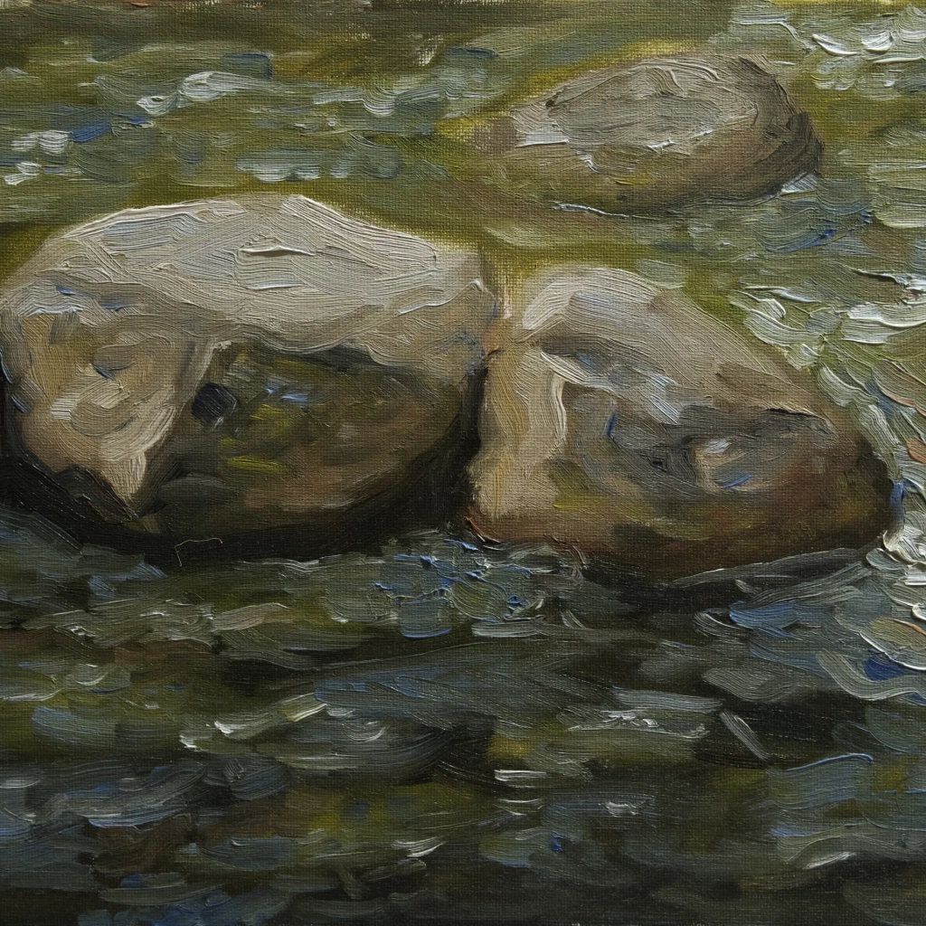 Oilpainting study of some rocks in a pond