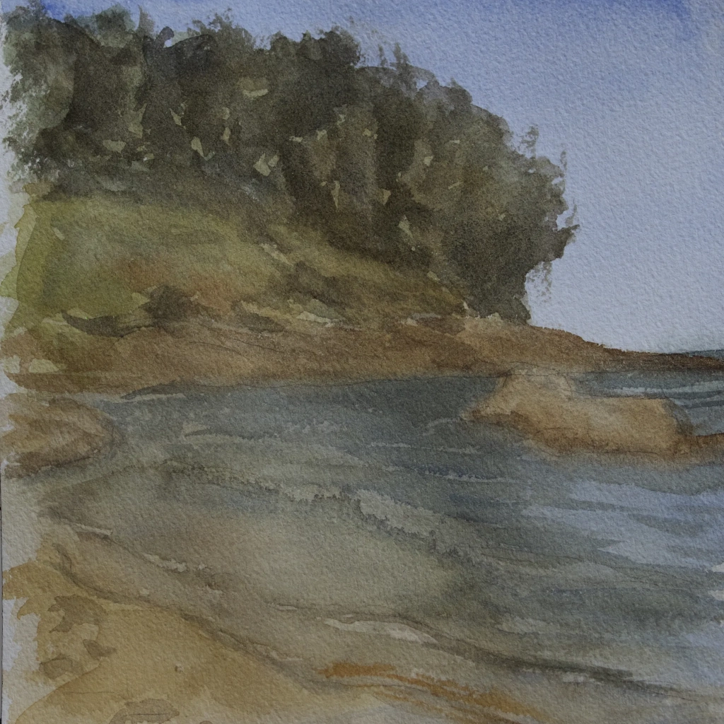 watercolor study of a landscape with lake and trees