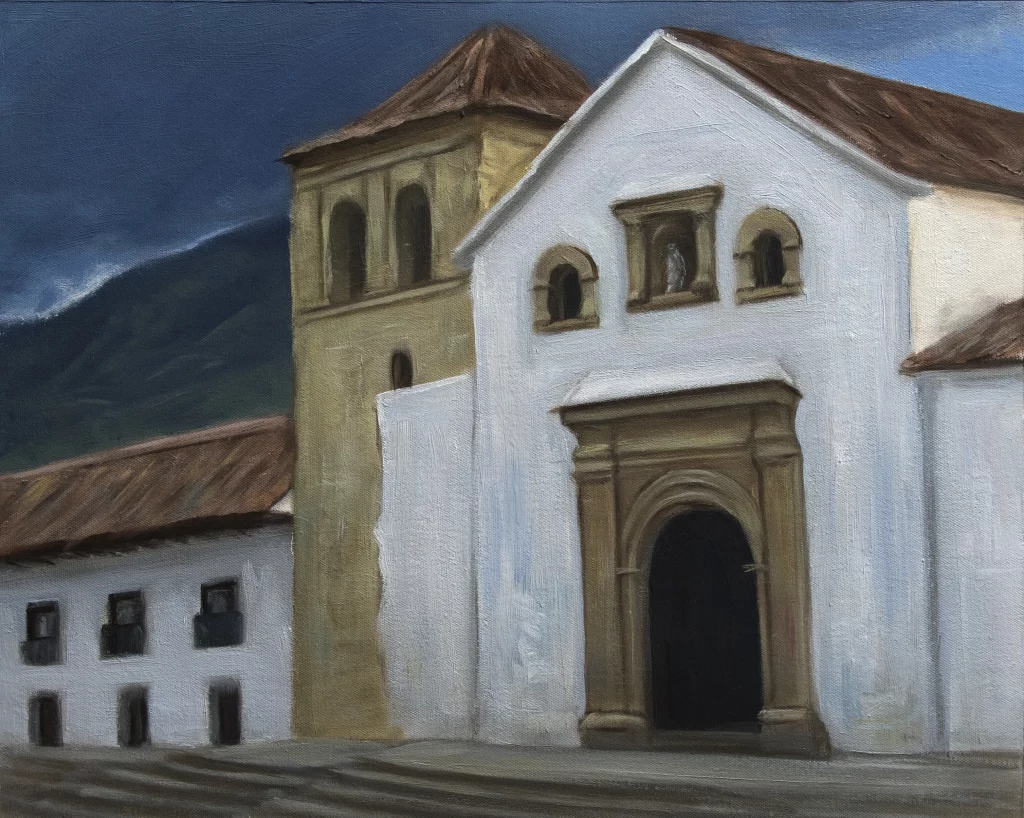 Oilpainting of a church in villa de Leyva Colombia