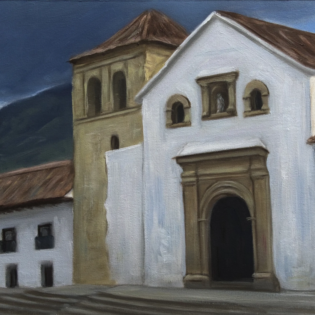 Oilpainting of a church in villa de Leyva Colombia