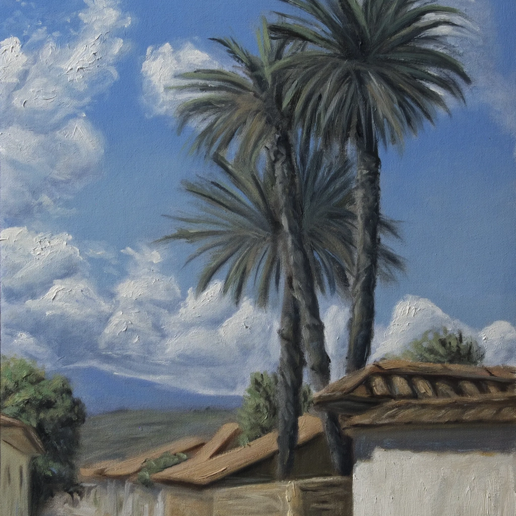 Oilpainting of palms and houses in Colombia