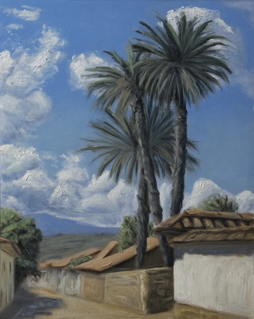Oilpainting of palms and houses in Colombia