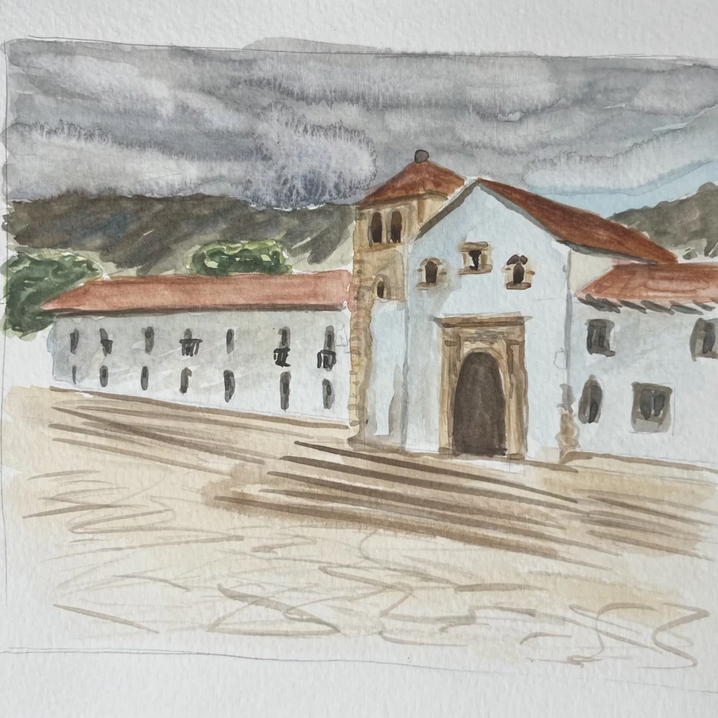 Watercolor painting of a church in villa de Leyva Colombia