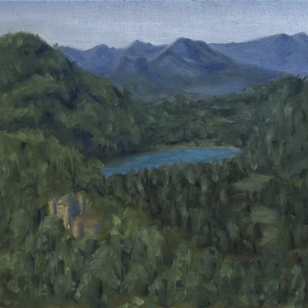 Oilpainting landscape of mountains and a lake