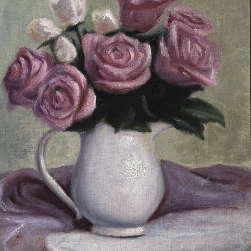 Oilpainting still life of roses in a chug