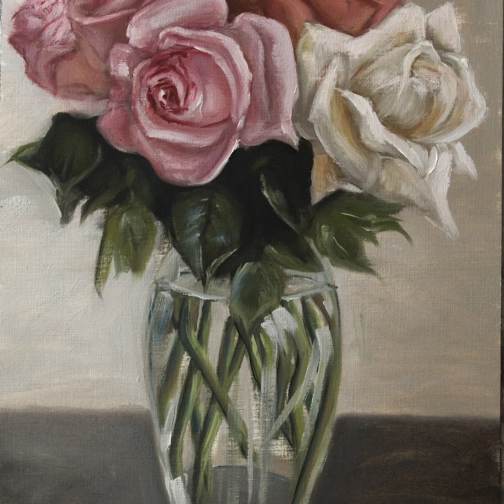 Oilpainting still life of flowers in a glass vase