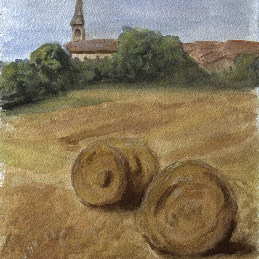 watercolor landscape study of a field with hayballs