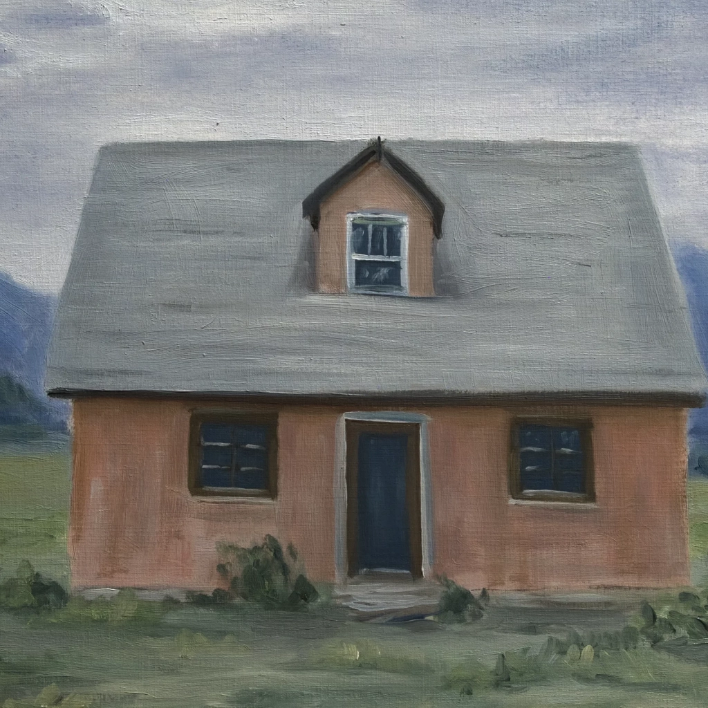 Oilpainting study landscape of a house in mountains