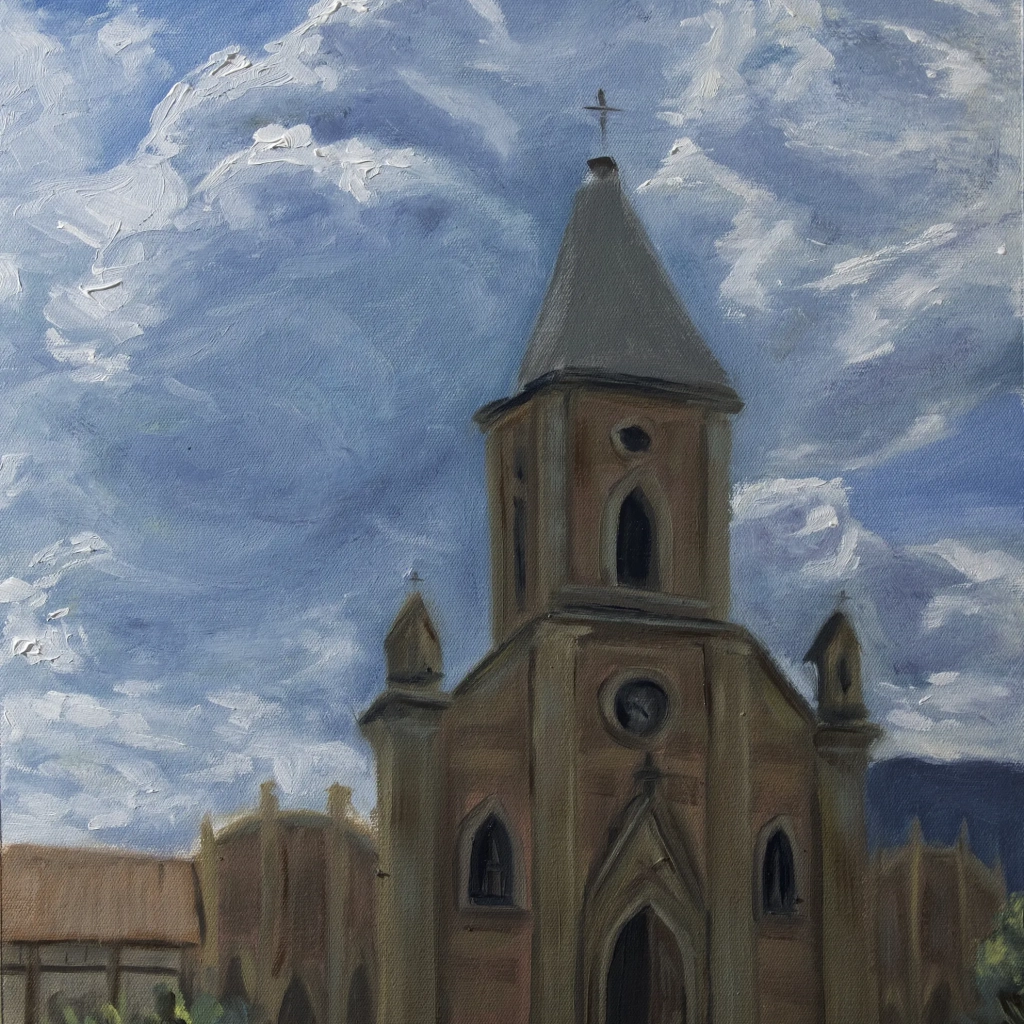 Oilpainting landscape of a church in raquira Colombia