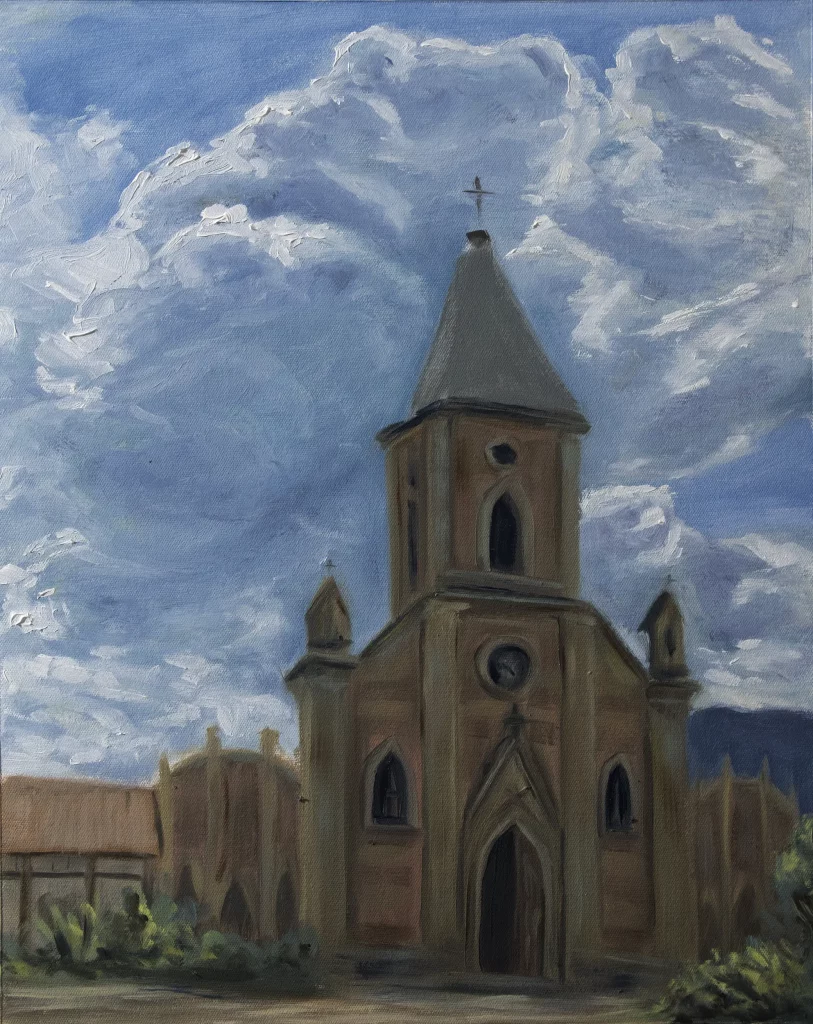 Oilpainting landscape of a church in raquira Colombia