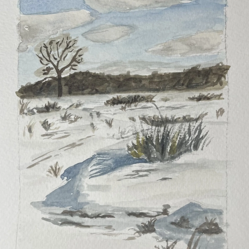watercolor landscape painting of a snowy landscape