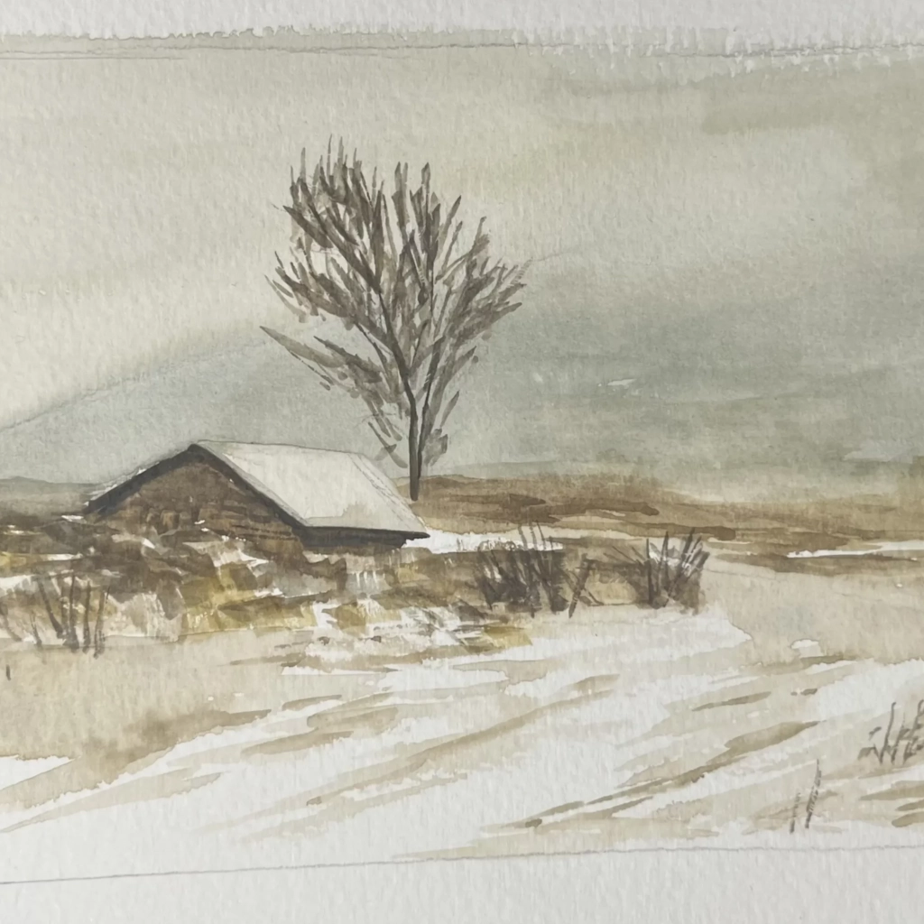 Watercolor study of a house in snowy mountains