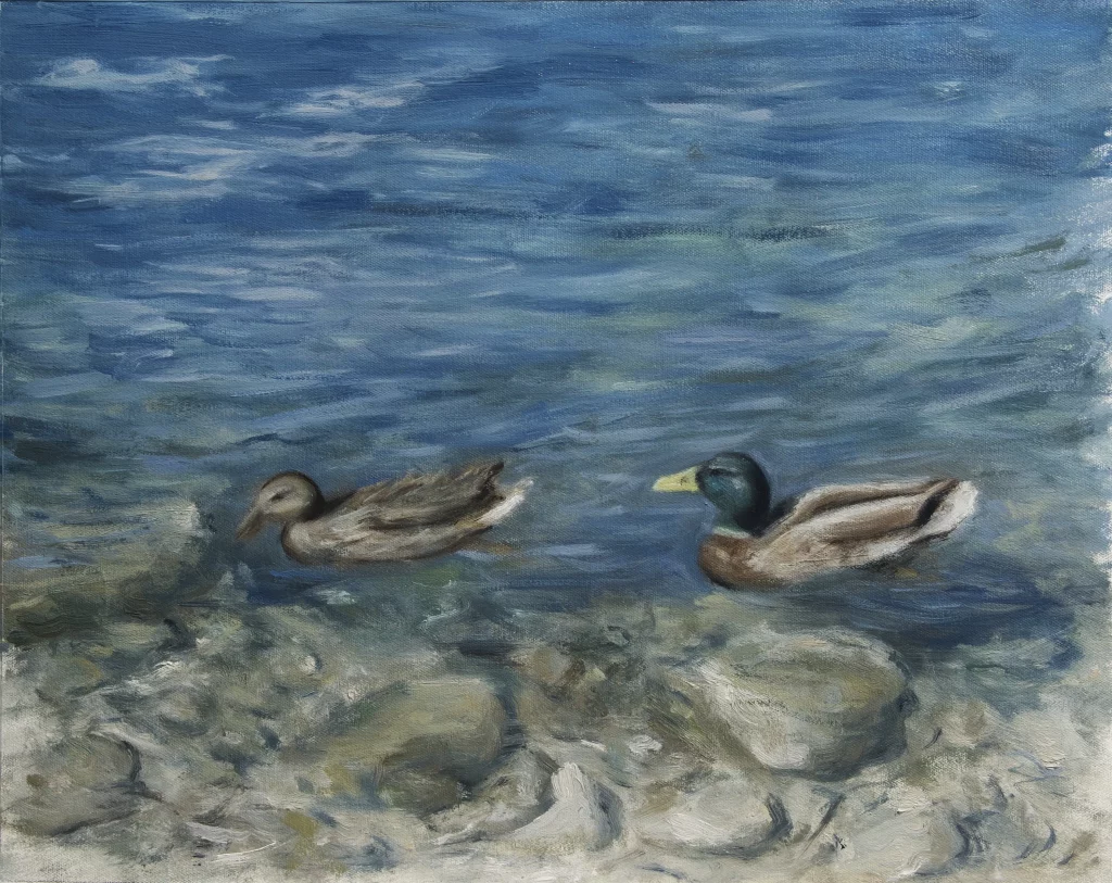 Oilpainting of two ducks on a lake