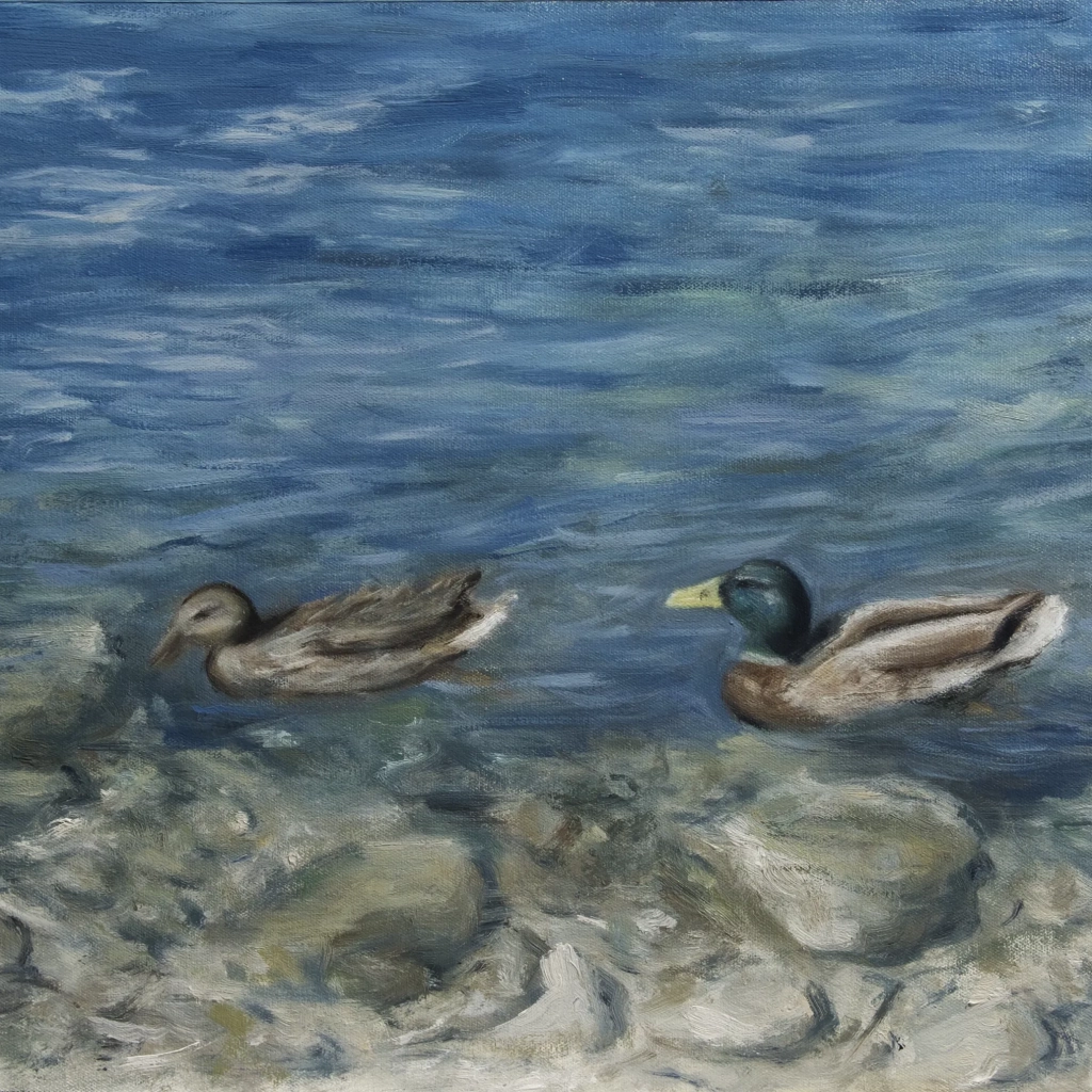 Oilpainting of two ducks on a lake
