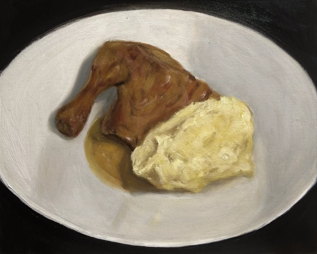 Oilpainting of chicken with potatoes