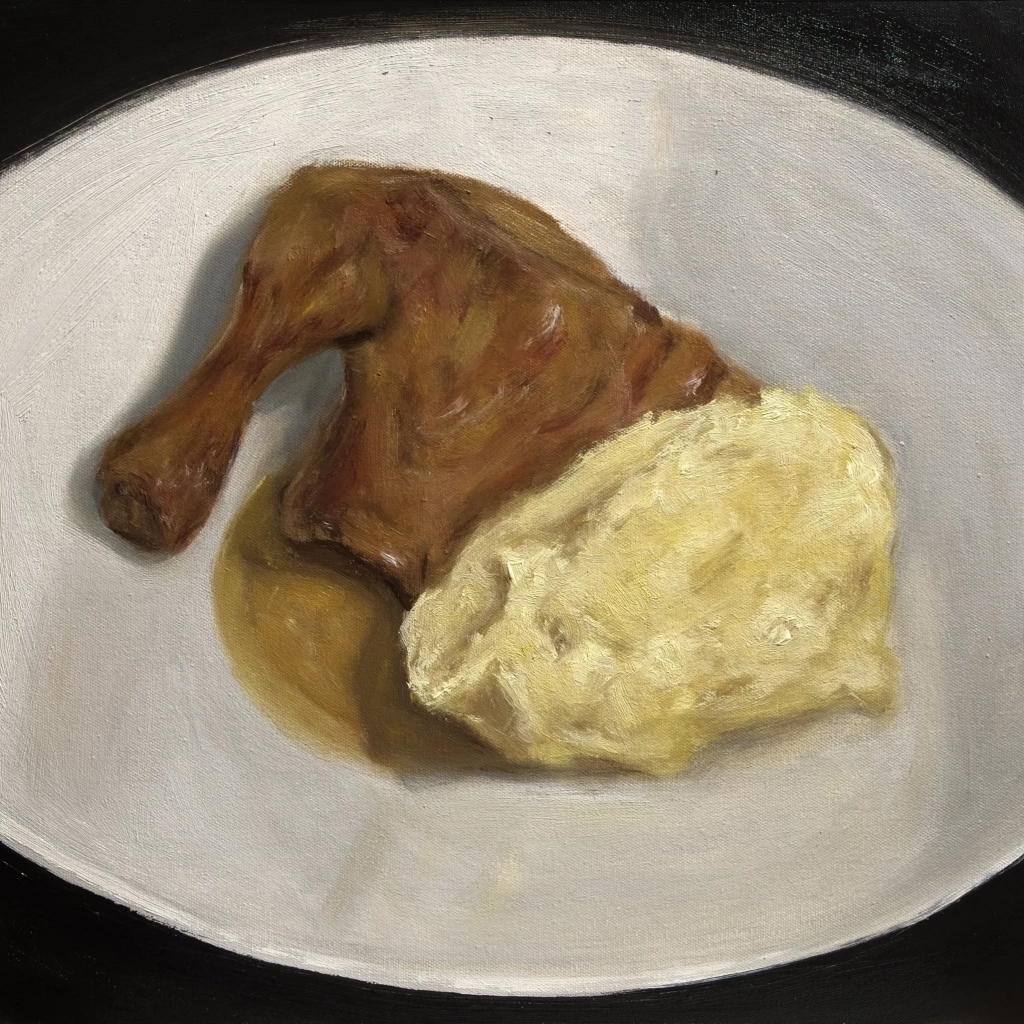 Oilpainting of chicken with potatoes