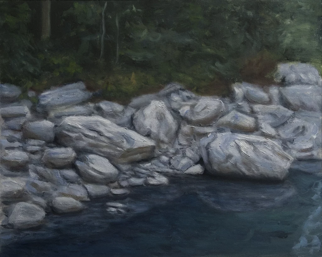 Oilpainting of rocks at a lake