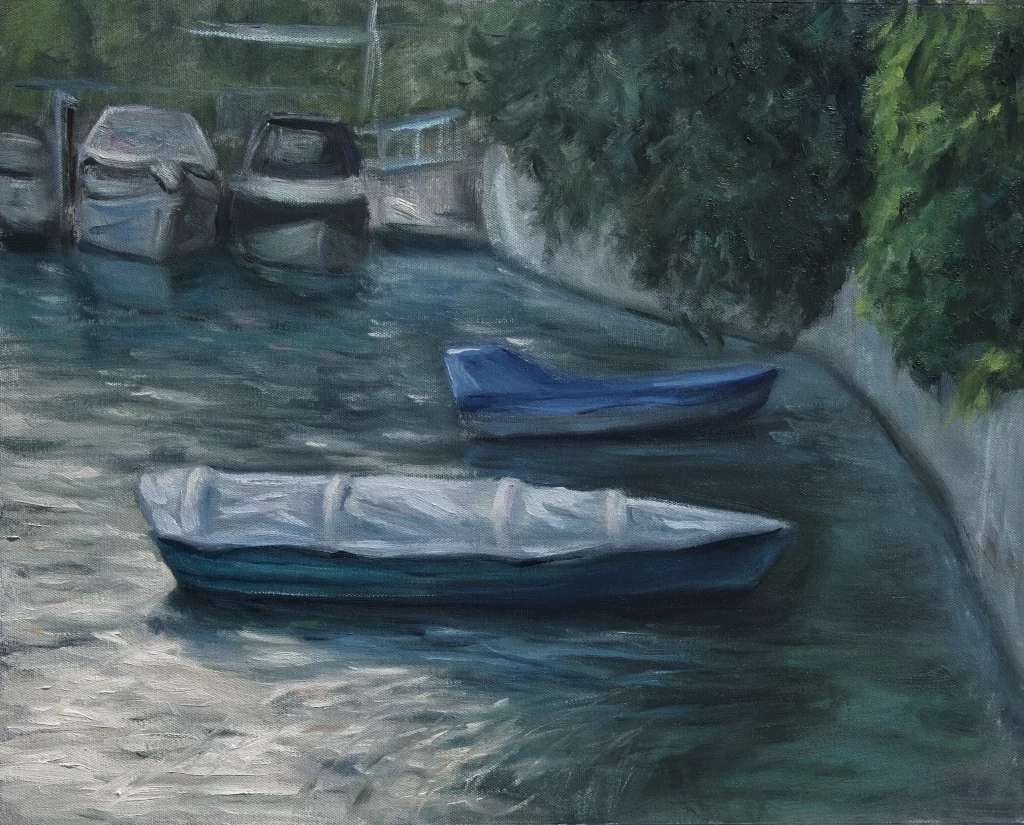 Oilpainting of boats and water at sunset