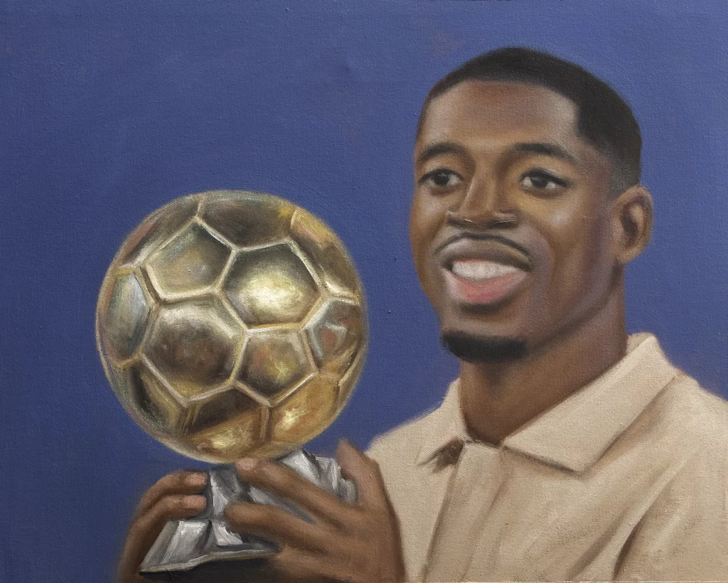 Oilpainting of ousmane dembele with the ballon d or trophy
