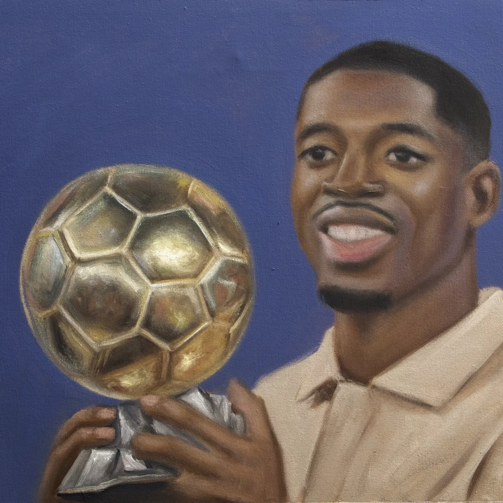 Oilpainting of ousmane dembele with the ballon d or trophy