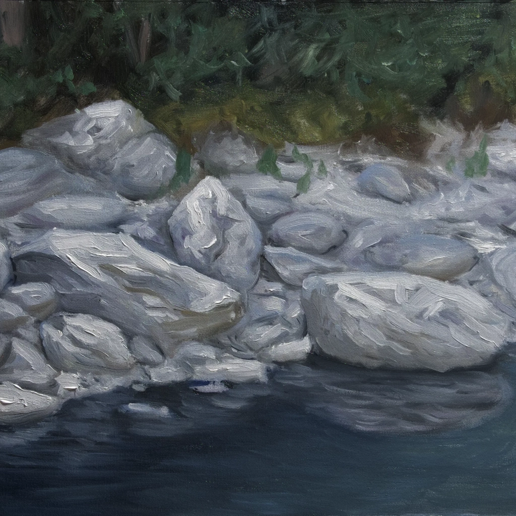 Oilpainting of rocks at a lake